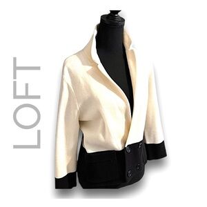 LOFT black ivory color block double breasted knit blazer-like cardigan pockets L
